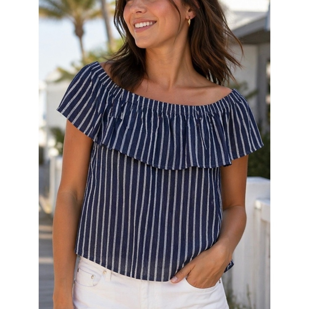 Banana Republic Womens Top Blue Small Off Shoulder Coastal Nautical Beachy‎